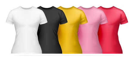 Realistic women t shirt mockup color icon set five colorful womens t shirts white black yellow pink and red vector illustrationのイラスト素材