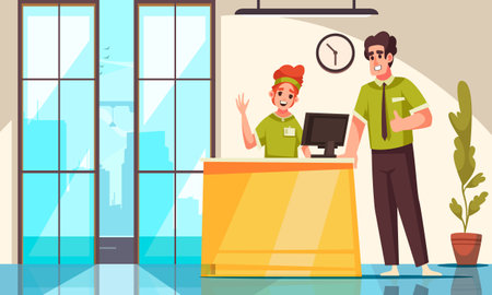 Teenager boy and girl at first work as salesperson cartoon vector illustrationのイラスト素材