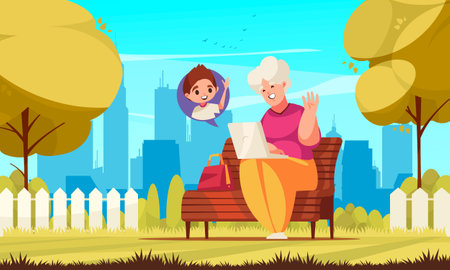 Old relatives composition with grandmother making video call to grandson from park cartoon vector illustrationのイラスト素材