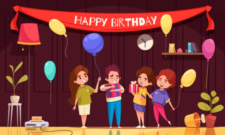 Birthday celebration party with children giving presents cartoon vector illustrationのイラスト素材