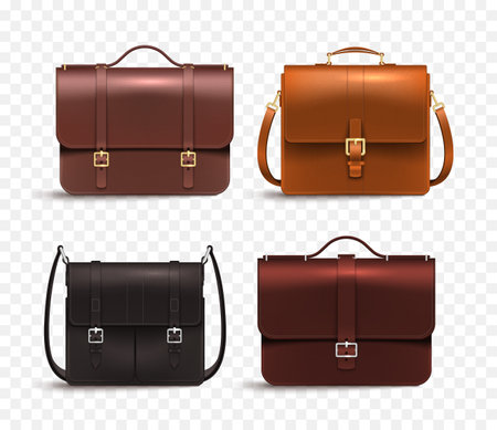 Realistic leather business bag men set with four different briefcase bags fashionable accessories on transparent background vector illustrationの写真素材