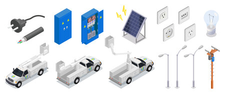 Electrician isometric icons set of electrical appliances equipment and tools isolated vector illustrationのイラスト素材