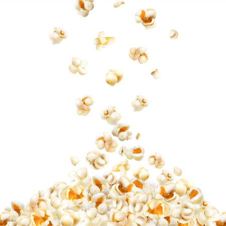 Realistic falling sweet and salted popcorn on white background vector illustrationのイラスト素材