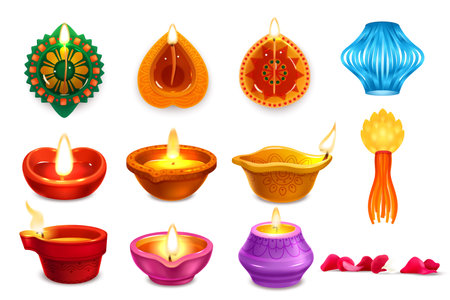 Realistic Diwali icons set with traditional lamps and other symbols isolated vector illustrationのイラスト素材