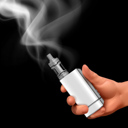Realistic vape composition with human hand holding vaping device with smoke puff image on black background vector illustrationのイラスト素材