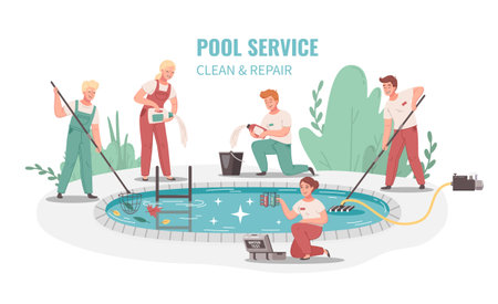 Pool service clean and repair cartoon background depicting workers team with net vacuum cleaner and chemicals flat vector illustrationのイラスト素材