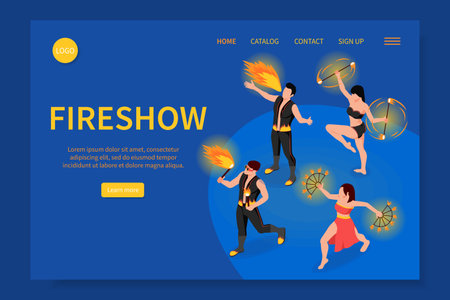 Fireshow people isometric web site with fire dance symbols vector illustrationのイラスト素材