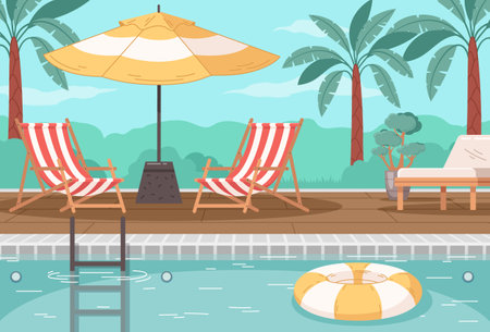 Outdoor swimming pool colored background with chaise lounges under umbrella and palm trees cartoon vector illustrationのイラスト素材