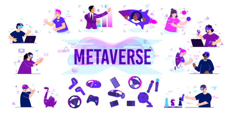 Metaverse flat set with isolated images of wearable gaming accessories and human characters into virtual reality vector illustrationのイラスト素材