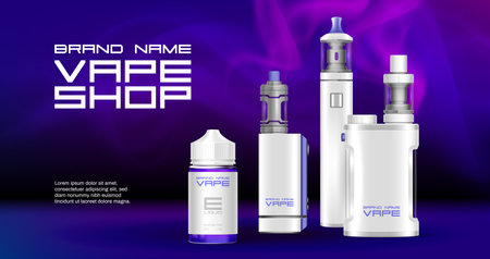 Realistic vape shop ad poster background with editable text and collection of smoking devices with liquid vector illustrationのイラスト素材