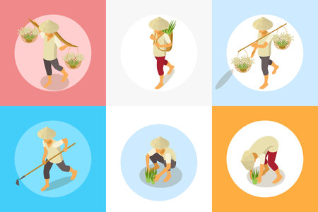 Rice production isometric set of circle compositions with characters of workers with tools gathering plant seeds vector illustrationのイラスト素材
