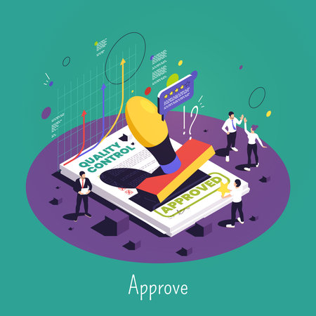 Quality control isometric abstract background with document certified by approved stamp vector illustrationのイラスト素材