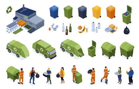 Isometric recycling set with isolated bins separated rubbish dump trucks human characters and waste treatment plant vector illustrationのイラスト素材