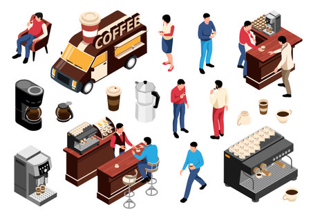 Isometric coffee icon set coffee truck customers barista coffee machine and cups vector illustrationのイラスト素材