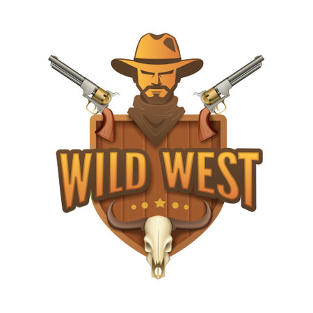 Wild west cartoon emblem with composition of human head pistols stars animal skull and editable text vector illustrationのイラスト素材