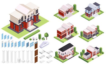Classic architecture isometric set of isolated houses with neighborhoods and constructor elements columns doors and windows vector illustrationのイラスト素材