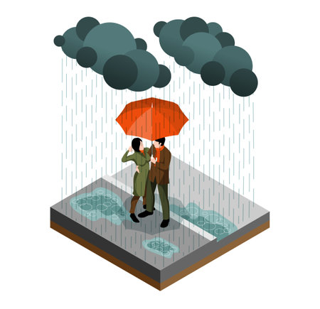 Isometric isolated storm weather concept couple hiding from the rain under a large umbrella vector illustrationのイラスト素材