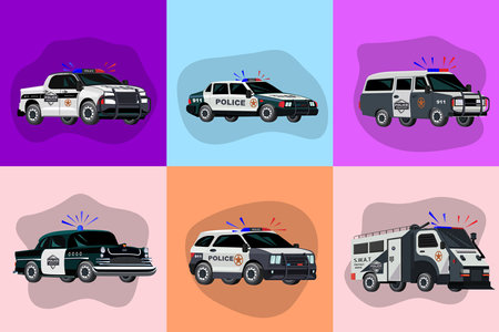 Police transport flat set with six square compositions and doodle style images of special service vehicles vector illustrationのイラスト素材