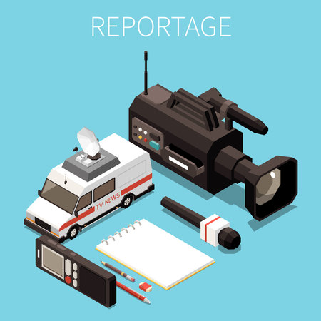 News media isometric concept set with journalist and reporters job instruments vector illustrationのイラスト素材