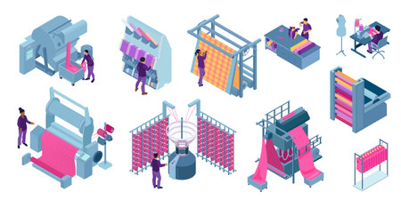 Isometric textile mill industry icons collection with isolated human characters and weaving machinery on blank background vector illustrationのイラスト素材
