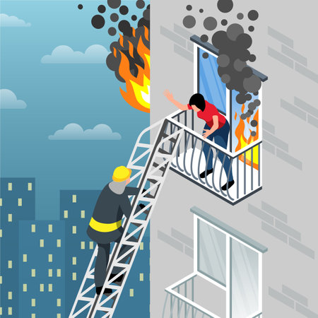 Isometric firefighter composition firefighter rescues a person from balcony in burning house vector illustrationのイラスト素材