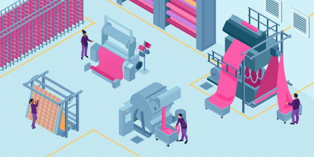 Isometric textile industry composition with indoor view of fabric factory with machine units and human operators vector illustrationのイラスト素材