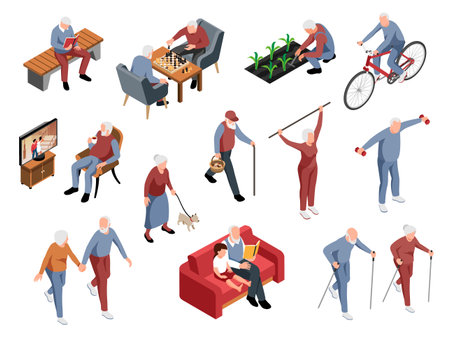 Isometric old people activity icon set elderly people read books play chess take care of seedlings watch TV go for walks play sports vector illustrationのイラスト素材