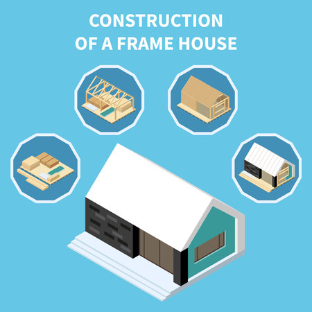 Modular building isometric concept with steps of frame house construction vector illustrationのイラスト素材