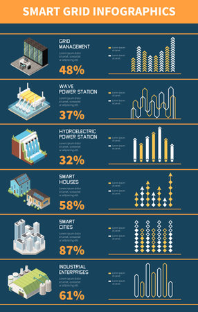Smart grid isometric infographicsl with power station management elements vector illustrationのイラスト素材