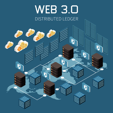 Web 3.0 technology isometric concept with distributed ledger symbols vector illustrationのイラスト素材
