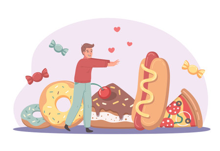 Bad habits cartoon concept with fastfood addict and attractive tasty food vector illustrationのイラスト素材