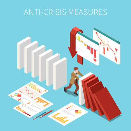 Anti-crisis measures isometric concept with businessman trying to manage business problems vector illustrationのイラスト素材