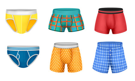 Realistic mens underpants set with boxers briefs trunks of different colors isolated vector illustrationのイラスト素材