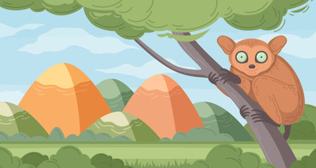 Philippines travel cartoon poster with cure monkey and mountains on background vector illustrationのイラスト素材