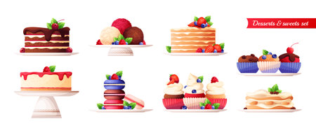 Flat desserts set of delicious cakes cheesecakes tiramisu cupcakes macaroons with berries and mint isolated vector illustrationのイラスト素材