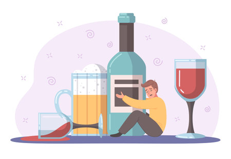 Bad habits cartoon concept with alcohol addict holding bottle vector illustrationのイラスト素材