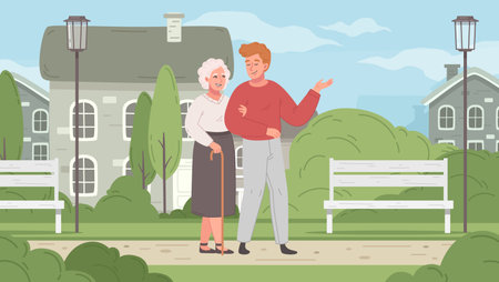 Elderly care cartoon with old woman walking in park vector illustrationのイラスト素材