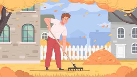 Grass mowing cartoon poster with male in autumn backyard raking leaves vector illustrationのイラスト素材