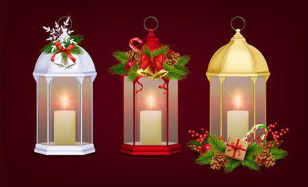 Christmas lantern realistic set with decoration for celebration symbols isolated vector illustrationのイラスト素材