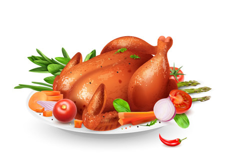 Realistic fried chicken with vegetable garnish on plate vector illustrationのイラスト素材