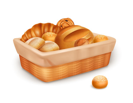 Realistic fresh bread loaves and pastry in wicker basket vector illustrationのイラスト素材