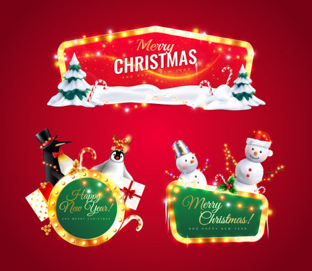 Realistic shiny merry christmas and happy new year signs set with winter holiday symbols on red background isolated vector illustrationのイラスト素材