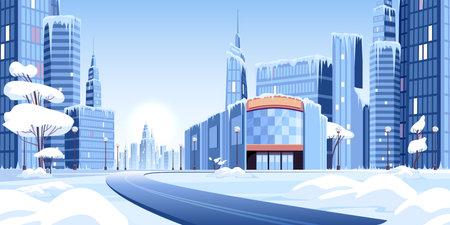 Ice snow modern city composition with winter view of urban area covered in snow and ice vector illustrationのイラスト素材