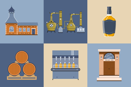 Whiskey production flat set with isolated compositions of vintage factory bulding tanks barrels and pub storefront vector illustrationのイラスト素材