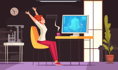 Workplace stretches cartoon poster with woman at desktop vector illustrationのイラスト素材