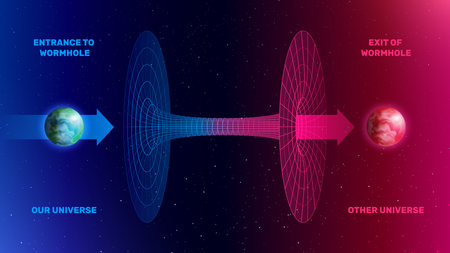 3d shapes composition with set of text captions planets stars and grid view of wormhole concept vector illustrationのイラスト素材