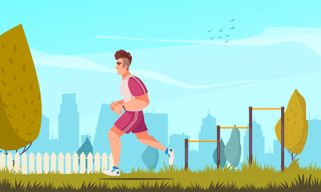 Workout cartoon composition with young man running outdoors vector illustrationのイラスト素材