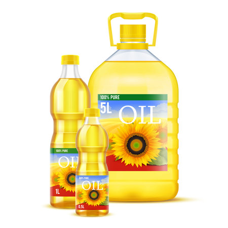 Sunflower oil realistic composition with three plastic bottles of different size vector illustrationのイラスト素材