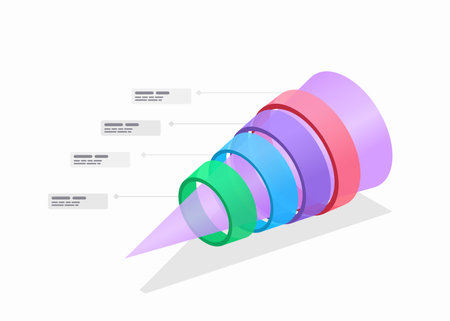 Funnel infographics diagram template with four colorful circle options of business process abstract isometric vector illustrationのイラスト素材