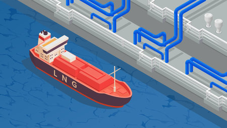Gas industry isometric background with tanker mooring to berth equipped for unloading lng vector illustrationのイラスト素材